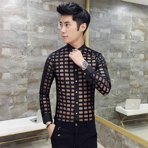 spring shirt men 2021 korean slim fit lace plaid shirts casual long sleeve night club transparent social male 3xl men's, White;black
spring shirt men 2021 korean slim fit lace plaid shirts casual long sleeve night club transparent social male 3xl men's, White;black