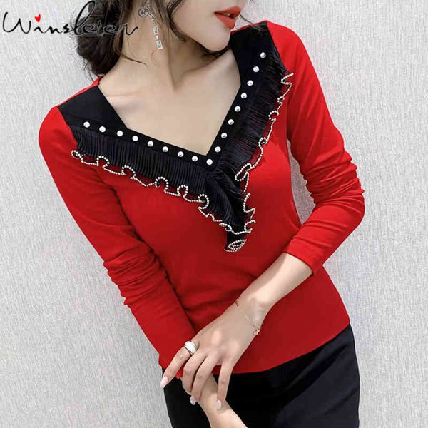 women's t-shirt autumn winter korean clothes t-shirt fashion v-neck rivet ruffles women ropa mujer cotton shirt tees t08, White
women's t-shirt autumn winter korean clothes t-shirt fashion v-neck rivet ruffles women ropa mujer cotton shirt tees t08, White