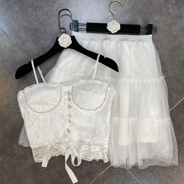 women two piece set lace chest pad camis elastic waist mesh skirt solid color fashion spring summer 11b778 210525, White