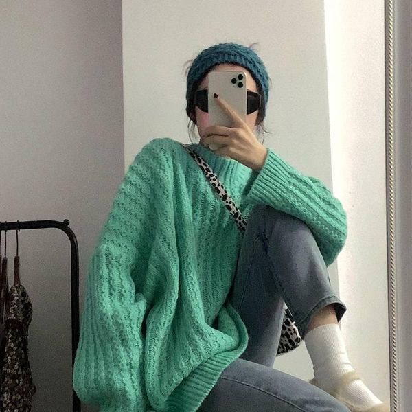 women's sweaters baggy green sweater pullover loose retro japanese lazy style autumn and winter wear, White;black
women's sweaters baggy green sweater pullover loose retro japanese lazy style autumn and winter wear, White;black
