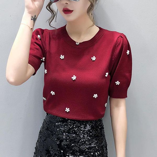 women's t-shirt korean high waist puff short-sleeved tee female summer retro knitted beaded women t shirt, White
women's t-shirt korean high waist puff short-sleeved tee female summer retro knitted beaded women t shirt, White