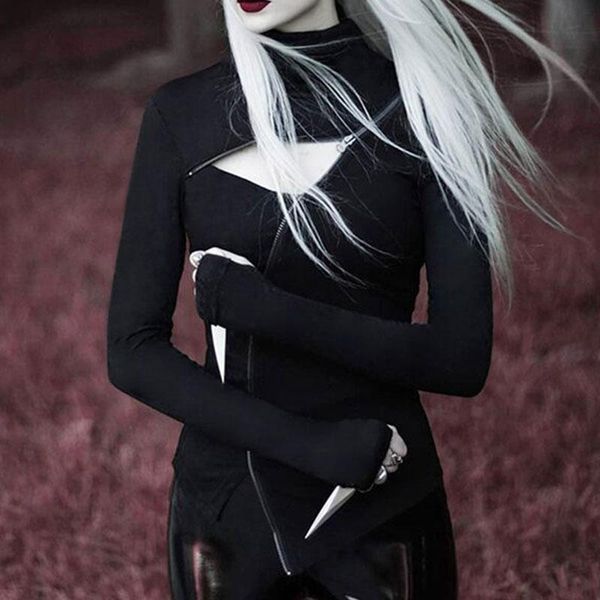 women's t-shirt dark gothic style solid color long-sleeved high-neck bottoming shirt women ins stitching diagonal zipper hollow top, White
women's t-shirt dark gothic style solid color long-sleeved high-neck bottoming shirt women ins stitching diagonal zipper hollow top, White