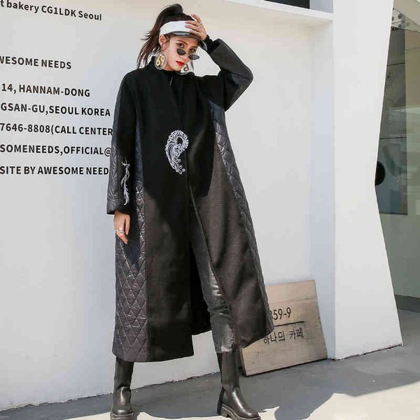 down Women's long coat, tide embroidery totem temperament stitching woolen cloth loose and thin cotton coat, Black
down Women's long coat, tide embroidery totem temperament stitching woolen cloth loose and thin cotton coat, Black