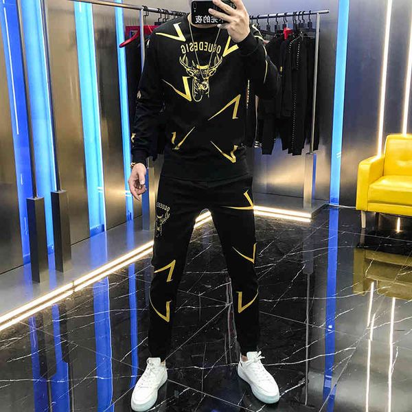 hoodies mode autumn men european animal suit letters offset leisure printing trousers of two male, Black 
hoodies mode autumn men european animal suit letters offset leisure printing trousers of two male, Black