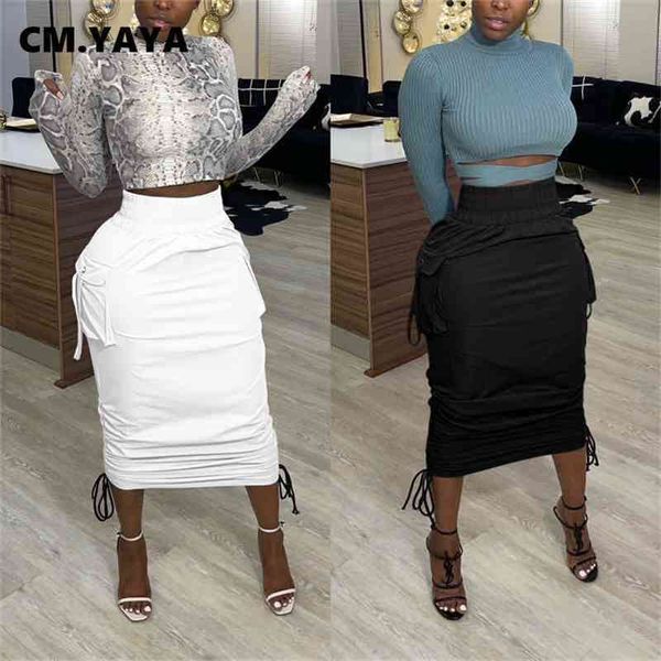 cm.yaya women high waist pocket side string draped bodycon midi skirts for streetwear skirt 210401, Black 
cm.yaya women high waist pocket side string draped bodycon midi skirts for streetwear skirt 210401, Black