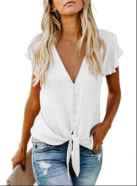 women v shirt neck short ruffled sleeves knotted chiffon button tie solid casual blouses drop, White 
women v shirt neck short ruffled sleeves knotted chiffon button tie solid casual blouses drop, White
