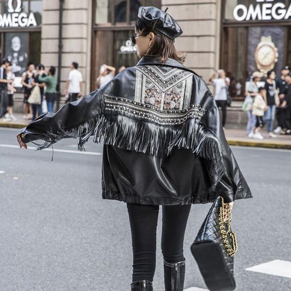 women's leather & faux autumn oversized motorcycle coat streetwear boho womens heavy work embroidery rivet tassel washed pu jacket, Black
women's leather & faux autumn oversized motorcycle coat streetwear boho womens heavy work embroidery rivet tassel washed pu jacket, Black