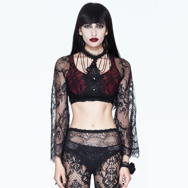 women's blouses & shirts punk black lace retro with necklace patchwork short shirt, White
women's blouses & shirts punk black lace retro with necklace patchwork short shirt, White