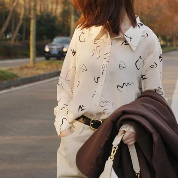 women's shirt abstract print ladies turn-down collar single-breasted blouse and femme simple casual blouses & shirts, White 
women's shirt abstract print ladies turn-down collar single-breasted blouse and femme simple casual blouses & shirts, White