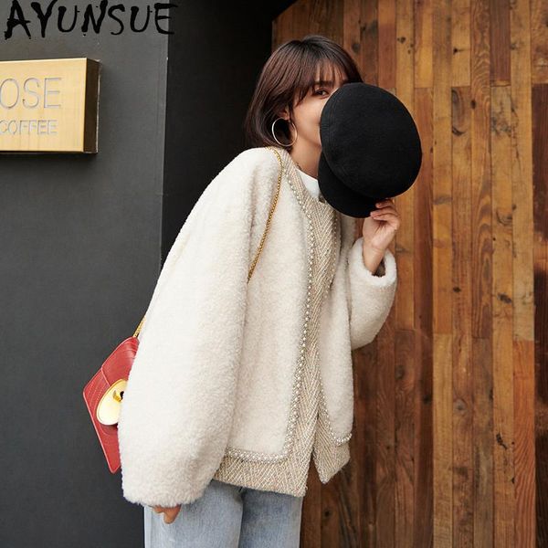 

women's fur & faux ayunsue real coat female sheep shearling korean jackes 2021 autumn winter jacket women tweed wool coats abrigo mujer, Black