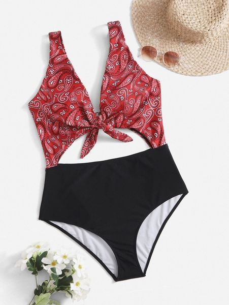 plus paisley print knot front one piece swimsuit k4xf#, Black