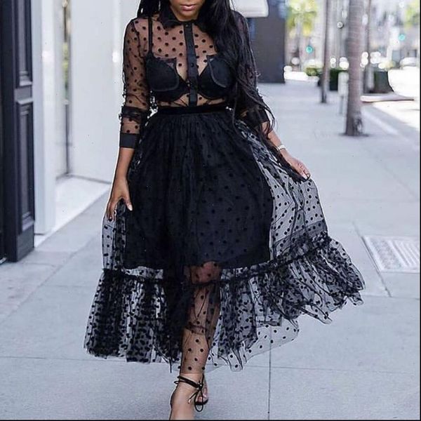 black mesh 2 pieces womens tracksuits set polka dot see through transparent shirts with tulle skirts lining elastic waist, Gray
black mesh 2 pieces womens tracksuits set polka dot see through transparent shirts with tulle skirts lining elastic waist, Gray