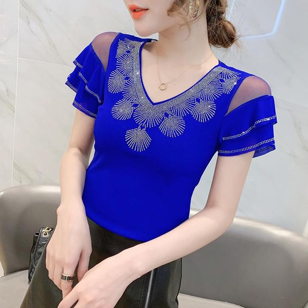summer style short-sleeved t shirt v-neck drilling mesh fashion ruffles women women's t-shirt, White
summer style short-sleeved t shirt v-neck drilling mesh fashion ruffles women women's t-shirt, White