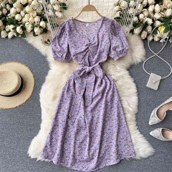 women summer fashion chiffon floral print v-neck short-sleeved high waist a-line dress harajuku clothing vestidos r640 210527, Black;gray