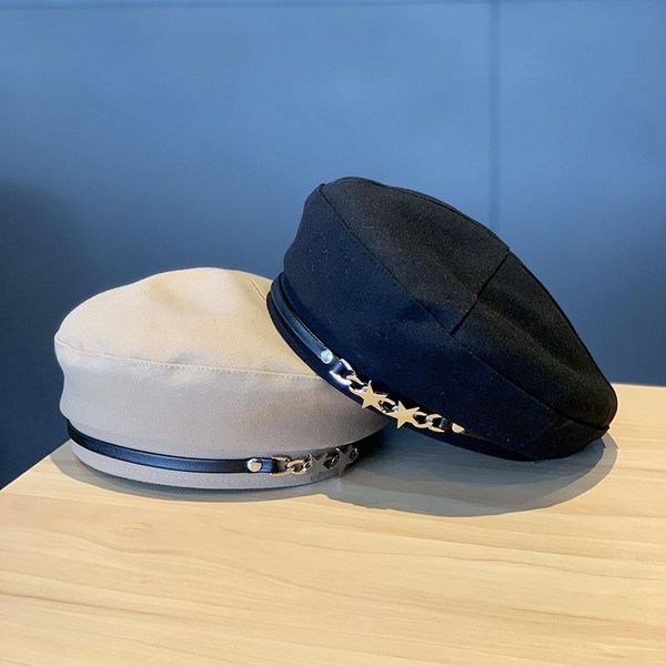 berets creative five-pointed star chain beret female autumn winter pure color elegant trend painter hat retro black rivet unisex, Blue;gray 
berets creative five-pointed star chain beret female autumn winter pure color elegant trend painter hat retro black rivet unisex, Blue;gray