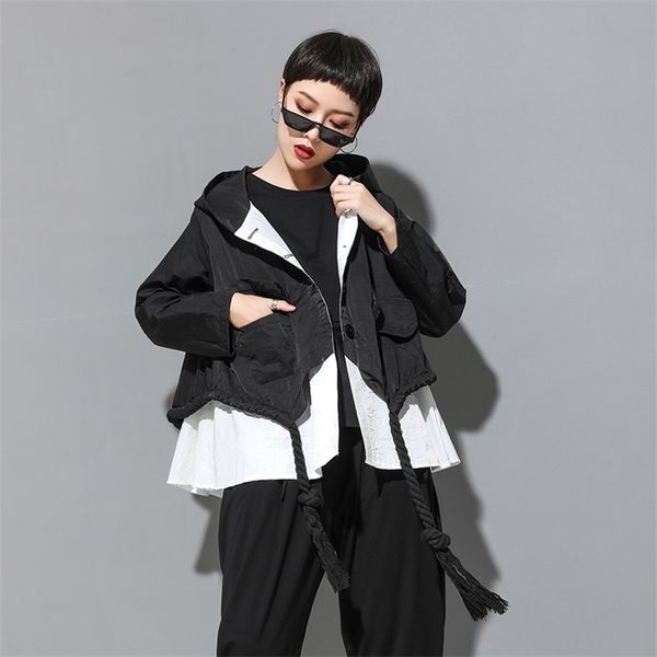 european and american women's autumn short coat cardigan hooded thin doll shirt patchwork 210416, White;black
european and american women's autumn short coat cardigan hooded thin doll shirt patchwork 210416, White;black