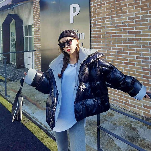 Station bright double layer female thick leather pieces bread jacket, Black