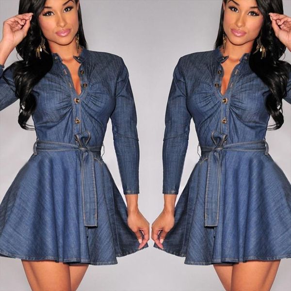 fashion elegant slim fit denim womens dress jean bowknot belt long sleeve shirt, Black;gray
fashion elegant slim fit denim womens dress jean bowknot belt long sleeve shirt, Black;gray