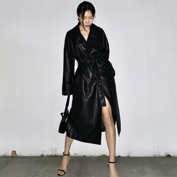 women's leather & faux big-brand autumn and winter lapel double-breastedshoulder jacket retro loose beltmid-lengthleathertrenchcoat, Black
women's leather & faux big-brand autumn and winter lapel double-breastedshoulder jacket retro loose beltmid-lengthleathertrenchcoat, Black