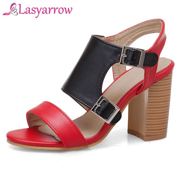 lasyarrow gladiator sandals women 2021 buckle ankle strap block high heels fashion summer party shoes, Black