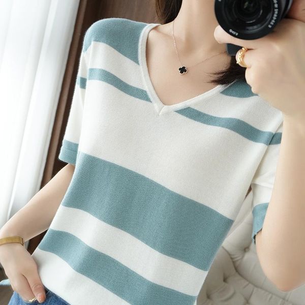 women's t-shirt 100% cotton short-sleeved t shirt loose plus size knitted striped summer v-neck thin section soft pullover, White
women's t-shirt 100% cotton short-sleeved t shirt loose plus size knitted striped summer v-neck thin section soft pullover, White