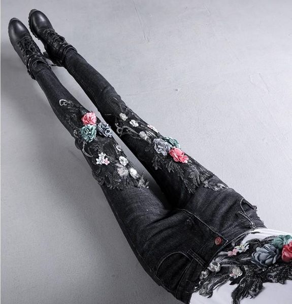 women's skinny jeans pants spring and autumn students flowers embroidery black pencil tight denim trousers, Blue
women's skinny jeans pants spring and autumn students flowers embroidery black pencil tight denim trousers, Blue