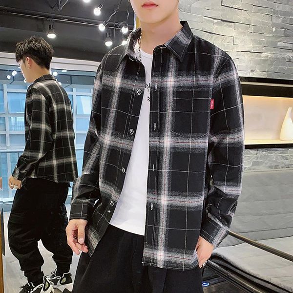 men's dress shirts long sleeve plaid shirt 2021 spring casual loose youth trend versatile coat fashion, White;black
men's dress shirts long sleeve plaid shirt 2021 spring casual loose youth trend versatile coat fashion, White;black