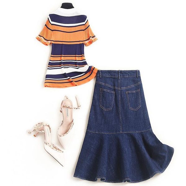 women orange striped knitted and jean skirt set spring summer short sleeve t-shirts casual two piece sets, White
women orange striped knitted and jean skirt set spring summer short sleeve t-shirts casual two piece sets, White