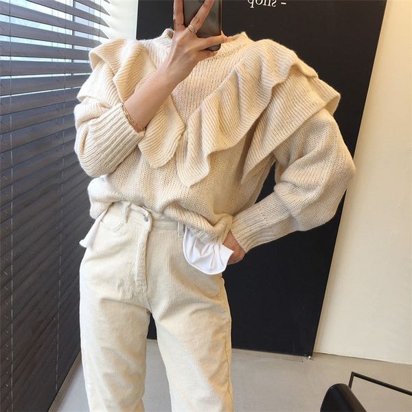 sweaters regular ruffles cute all match jumpers chic soft gentle lantern sleeves sweet solid office lady sweaters, White;black
sweaters regular ruffles cute all match jumpers chic soft gentle lantern sleeves sweet solid office lady sweaters, White;black