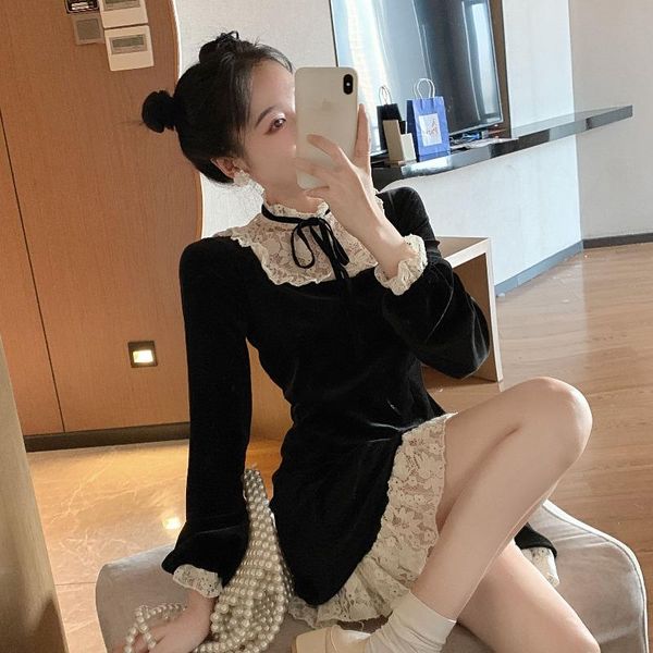 casual dresses spring 2021 korean lace stitching velvet skirt shows thin a-line short temperament long sleeve dress, Black;gray
casual dresses spring 2021 korean lace stitching velvet skirt shows thin a-line short temperament long sleeve dress, Black;gray