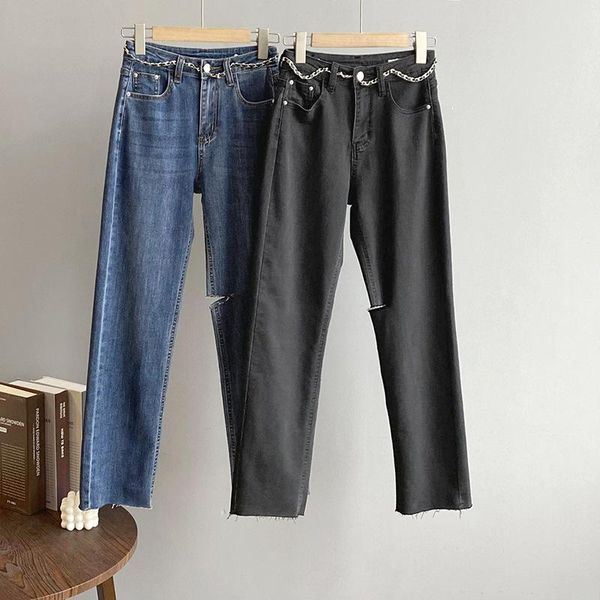 women's jeans 2021 autumn straight chain ankle-length pencil pants high waist perforated black casual denim 6596, Blue
women's jeans 2021 autumn straight chain ankle-length pencil pants high waist perforated black casual denim 6596, Blue