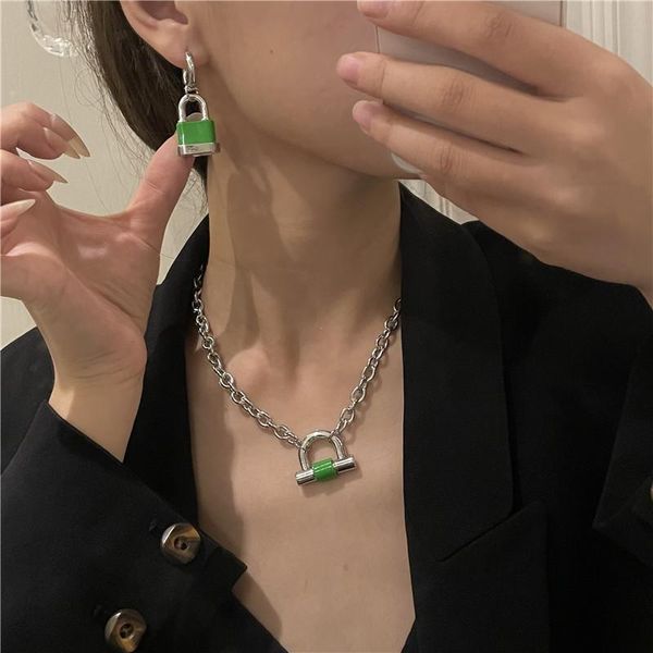earrings & necklace u-magical hiphop enamel green lock pendant for women ins fashion hollow silver color metallic party jewellery
earrings & necklace u-magical hiphop enamel green lock pendant for women ins fashion hollow silver color metallic party jewellery