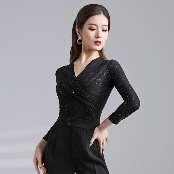women latin dance long sleeve v neck wrinkle dancing for samba tango chacha belly performamnce stage wear, Black;red
women latin dance long sleeve v neck wrinkle dancing for samba tango chacha belly performamnce stage wear, Black;red