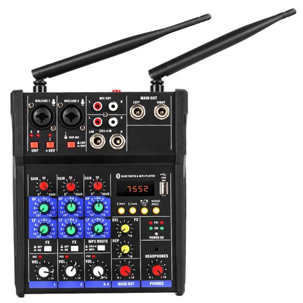 sound cards 4 channel audio mixer console with wireless microphone mixing bluetooth usb mini dj
sound cards 4 channel audio mixer console with wireless microphone mixing bluetooth usb mini dj