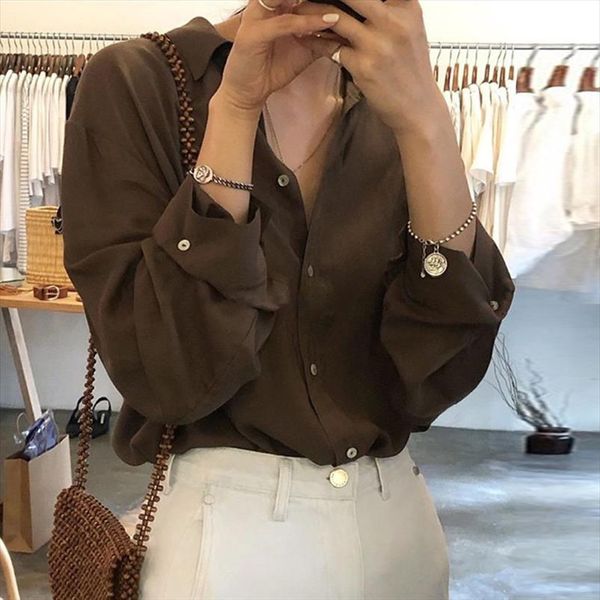 korean chic brown white elegant womens shirts thin single breasted turn down solid color female fashion vintage 
korean chic brown white elegant womens shirts thin single breasted turn down solid color female fashion vintage