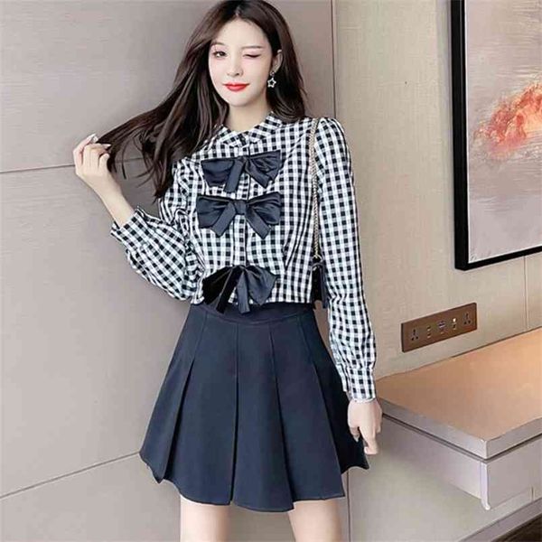 spring fashion 2 pieces set women elegant sweet bow plaid long sleeve shirt + pleated mini skirt suit 210519, White
spring fashion 2 pieces set women elegant sweet bow plaid long sleeve shirt + pleated mini skirt suit 210519, White