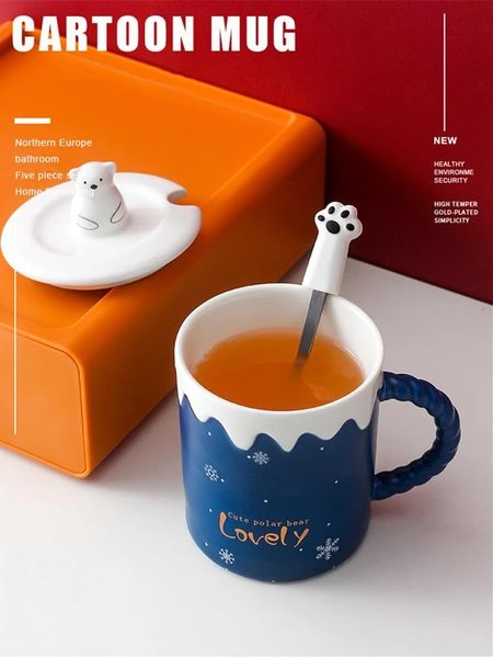 cups & saucers creative polar bear mug, cartoon ceramic coffee tumbler with lid, spoon, breakfast milk cup, office couple 380ml 
cups & saucers creative polar bear mug, cartoon ceramic coffee tumbler with lid, spoon, breakfast milk cup, office couple 380ml