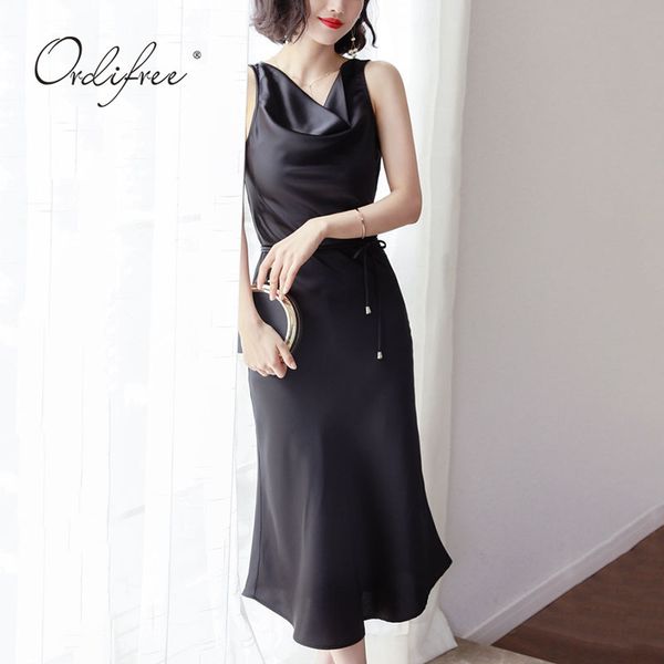 summer women satin party sleeveless belted black silk shiny dress 210415, Black;gray
summer women satin party sleeveless belted black silk shiny dress 210415, Black;gray