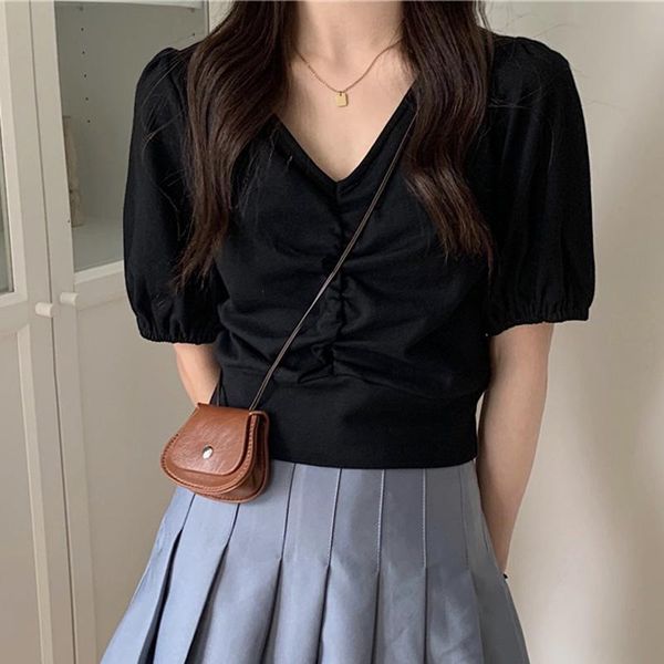 women's t-shirt zoki black fashion t shirt solid color v neck short puff sleeve tees slim casual shirring street wear summer 2021, White
women's t-shirt zoki black fashion t shirt solid color v neck short puff sleeve tees slim casual shirring street wear summer 2021, White