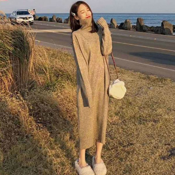 casual dresses 2021 vintage winter gowns loose turtleneck high long women's nightgown full sleeve warm sweater knitted clothing, Black;gray
casual dresses 2021 vintage winter gowns loose turtleneck high long women's nightgown full sleeve warm sweater knitted clothing, Black;gray