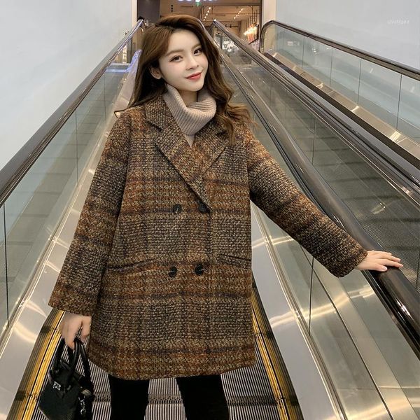 women plaid wool blends coat winter autumn fashion elegant tweed woolen outerwear female women's &, Black
women plaid wool blends coat winter autumn fashion elegant tweed woolen outerwear female women's &, Black