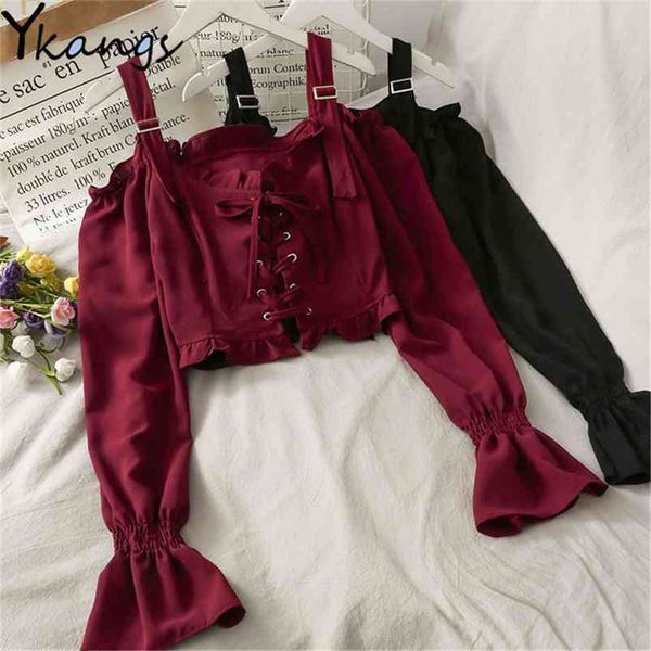 black gothic vintage blouses women off shoulder spring summer school girls ruffles puff long sleeve crop shirts 210421, White
black gothic vintage blouses women off shoulder spring summer school girls ruffles puff long sleeve crop shirts 210421, White