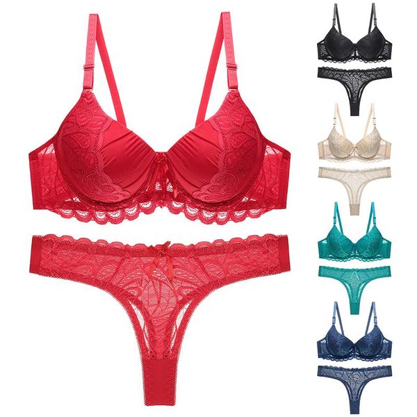 bras 2021 upper thin lower thick gathered solid color bra set european and american lace thong underwear 4, Red;black
bras 2021 upper thin lower thick gathered solid color bra set european and american lace thong underwear 4, Red;black