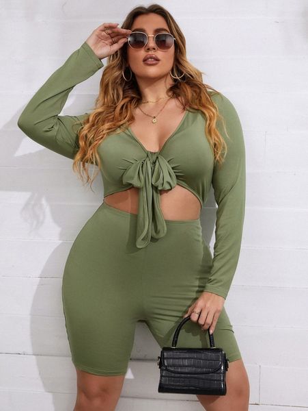 plus knot front cut out unitard romper n6nk#, Black