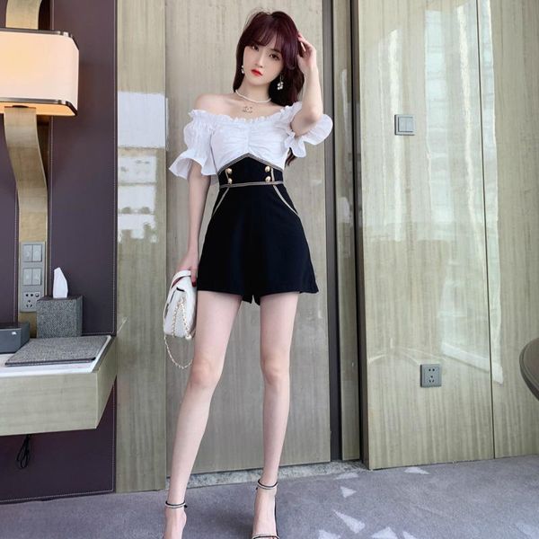 women playsuits slash neck short sleeve button contrast ruched casual slim pocket pink black jumpsuit femme women's jumpsuits & rompers, Black;white
women playsuits slash neck short sleeve button contrast ruched casual slim pocket pink black jumpsuit femme women's jumpsuits & rompers, Black;white