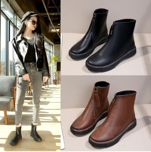 boots 2021 autumn fashion women pu leather handmade vintage flat ankle botines shoes woman winter botas