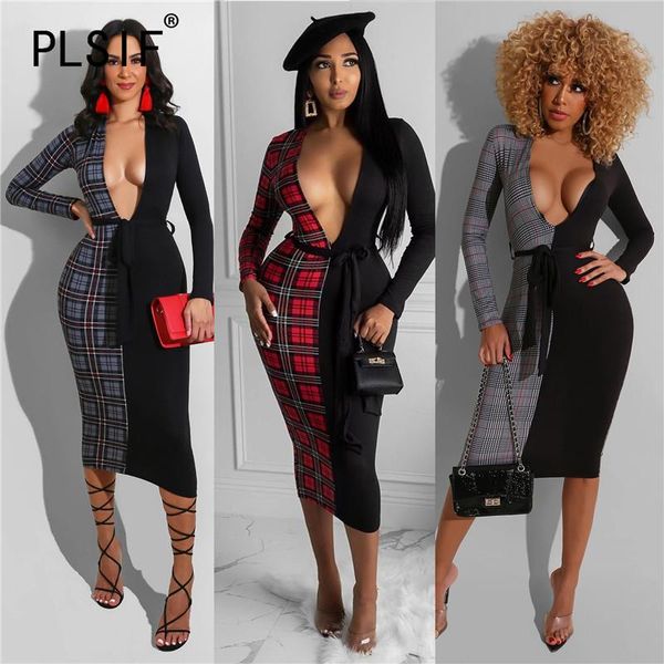 women v neck plaid print bodycon dress ladies full sleeve party club female vestidos casual dresses, Black;gray
women v neck plaid print bodycon dress ladies full sleeve party club female vestidos casual dresses, Black;gray