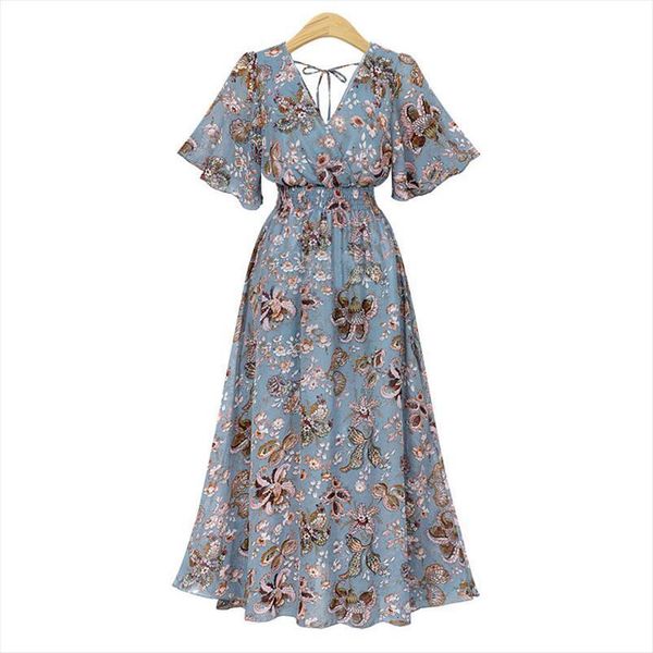 fashion boho long v neck women dress short sleeve floral print belt large hem beach elegant, Black;gray
fashion boho long v neck women dress short sleeve floral print belt large hem beach elegant, Black;gray