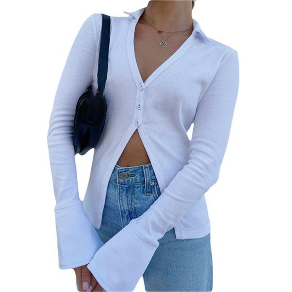 women's t-shirt office lady button down long sleeve v neck solid color slim fit lapel turn-down collar t-shirts, White
women's t-shirt office lady button down long sleeve v neck solid color slim fit lapel turn-down collar t-shirts, White