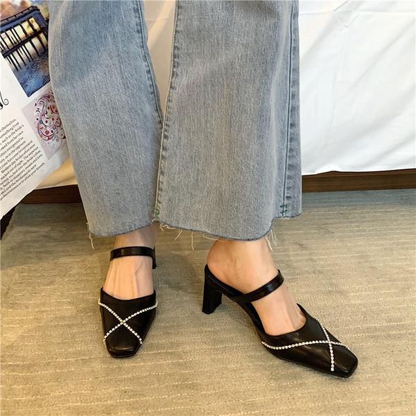 square toe women slippers slip on black white shoes rhinestone slides mules outdoor party pumps thick high heels
square toe women slippers slip on black white shoes rhinestone slides mules outdoor party pumps thick high heels